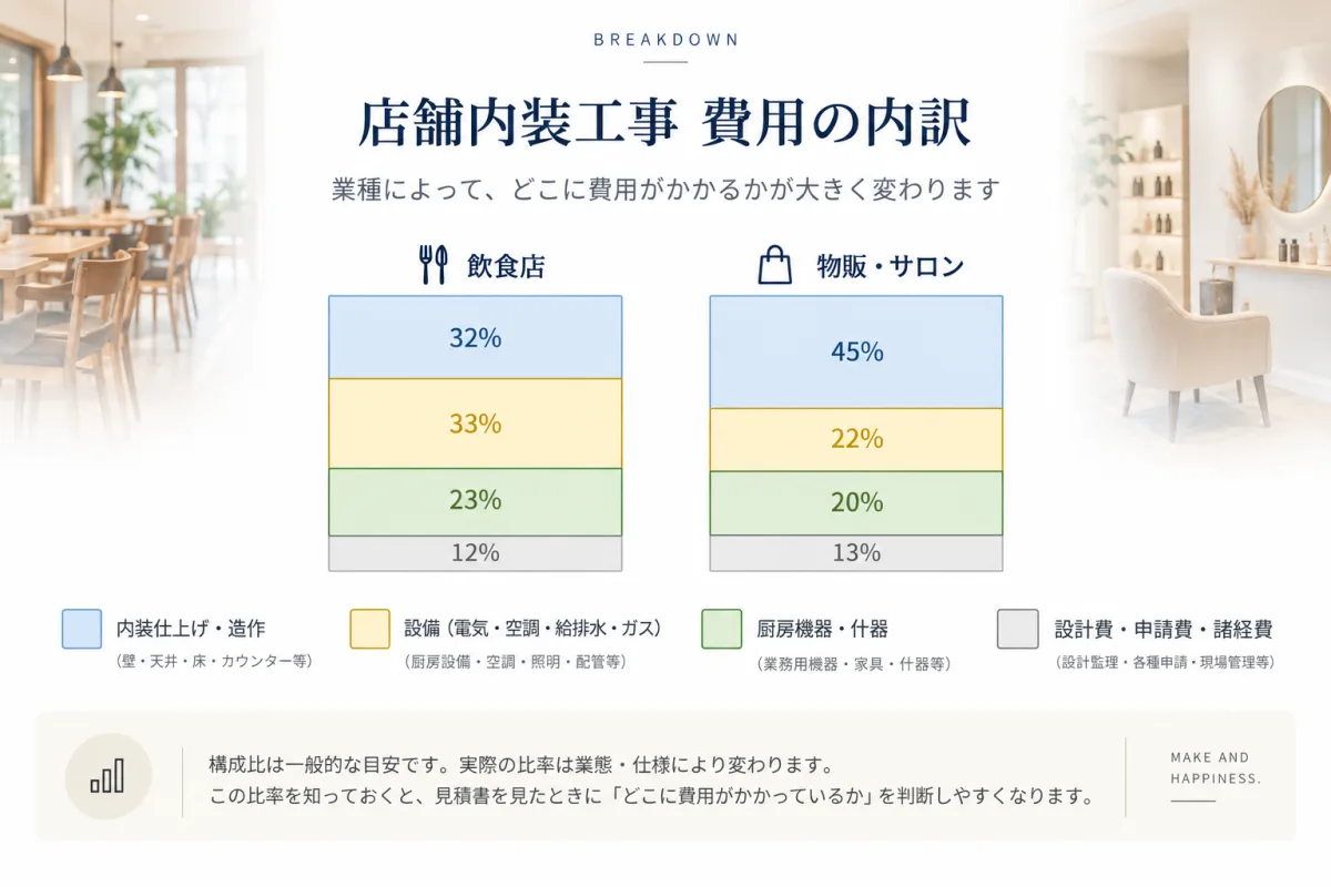 店舗内装工事の費用内訳 飲食店と物販サロンの構成比