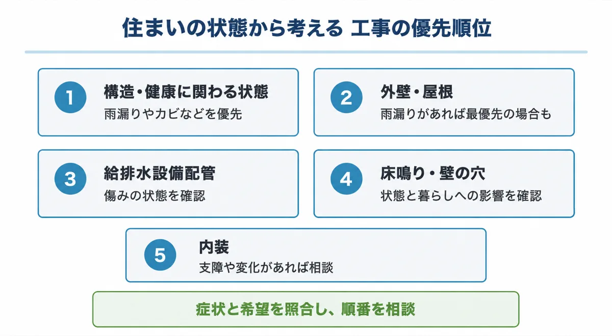 構造・健康、外壁・屋根、給排水設備配管、床鳴り・壁の穴、内装の確認点。症状と希望を照合して工事の優先順位を相談