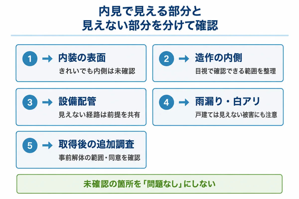 内装の表面、造作の内側、設備配管、雨漏り・白アリ、取得後の追加調査の確認点。未確認の箇所を問題なしにしない